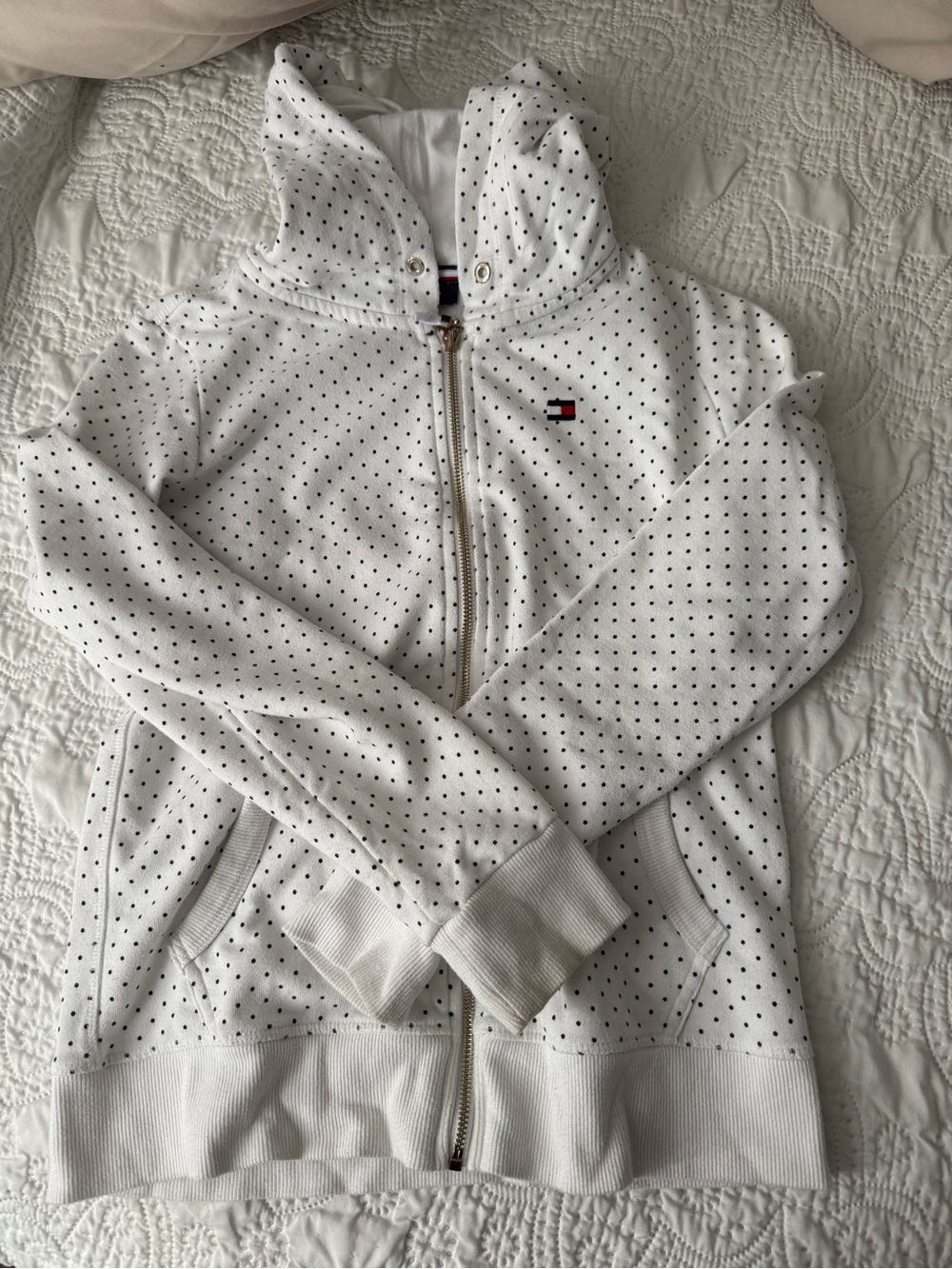 Tommy Hilfiger White Polka Dot Zip Hoodie with Flag Logo